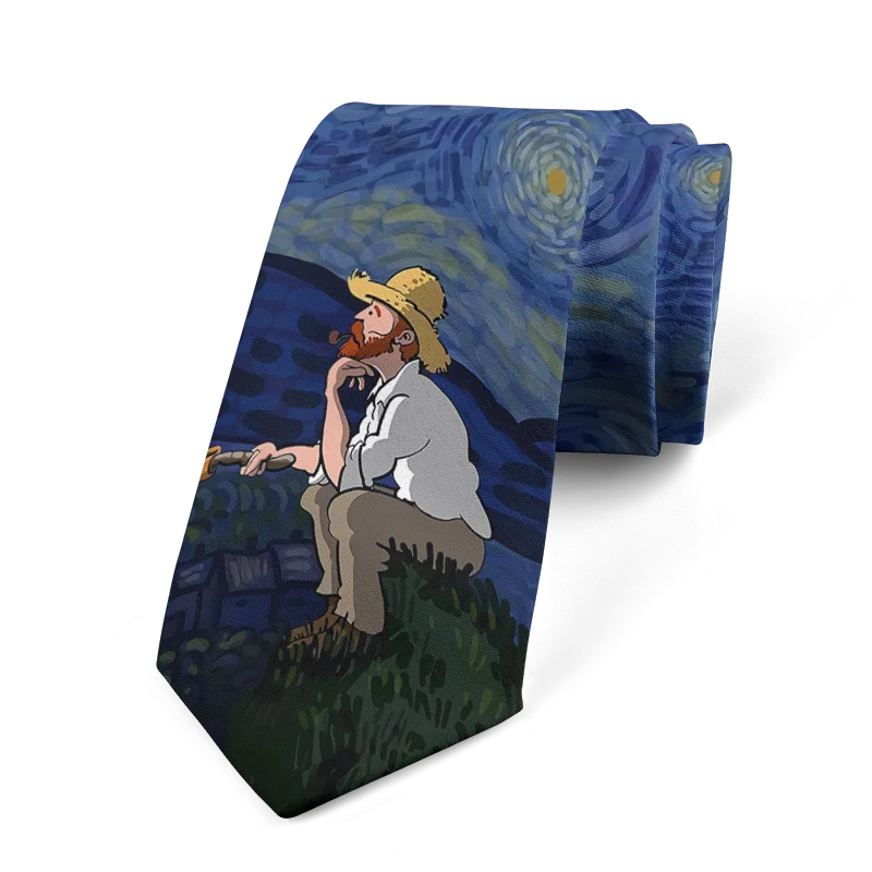 Classic Van Gogh Wide Fashion Oil Painting Tie Pastoral Sailing Print Qme style11