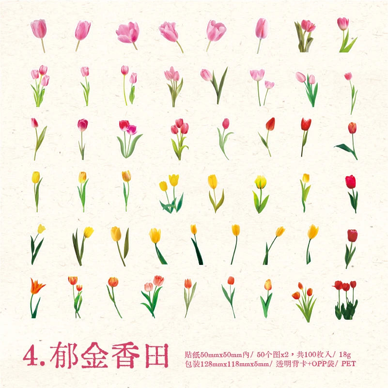 100pcs Flowers Sticker pack Rose Tulip Daisy Transparent Waterproof Plant hand account Decoration Scrapbooking Material Qme D