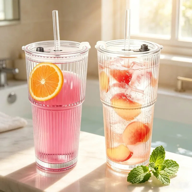 400/600ML Striped Glass Coffee Cup Transparent Drinking Cup with Lid and Straw Large Capacity Juice Iced Coffee Cup Drinking Cup Qme