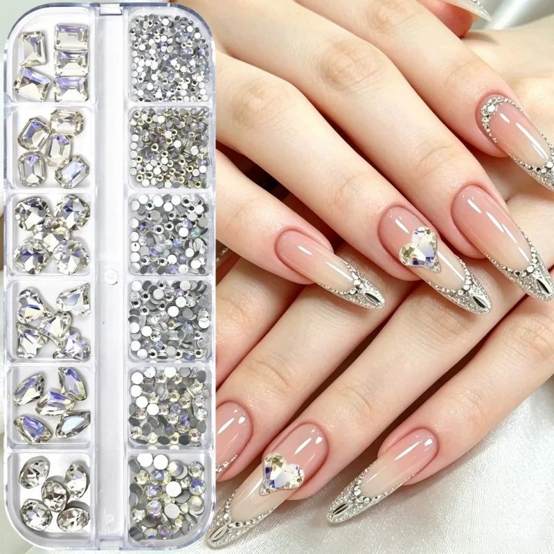 12grids Shiny Clear Crystal Gems Nail Rhinestones Mixed Round Glass Stone Flatback Nail Charms Nail Diamond DIY Qme 4689
