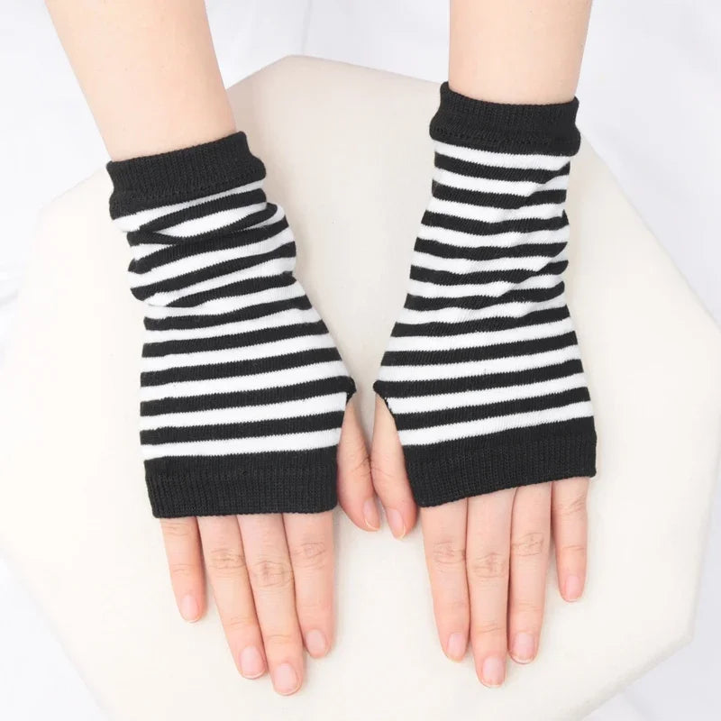 Short Fingerless Gloves Unisex Cotton Black Punk Glove Knitted Qme Black white