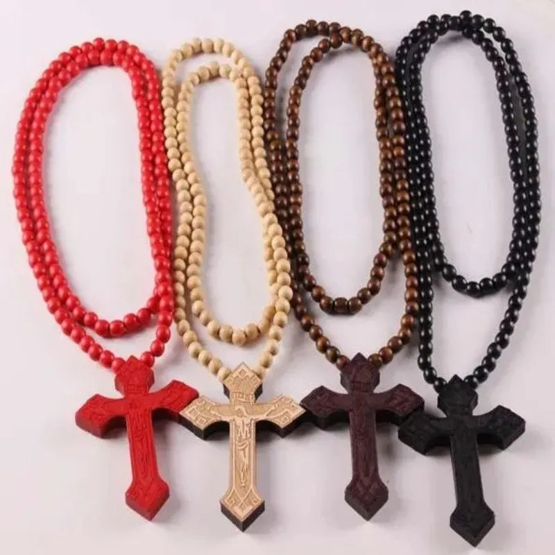 Wooden Rosary Pendant Cosplay Religious Antique Cool Cross Necklace Beads Catholic God Bless Jewelry Trend Fashion Festival Gift Qme