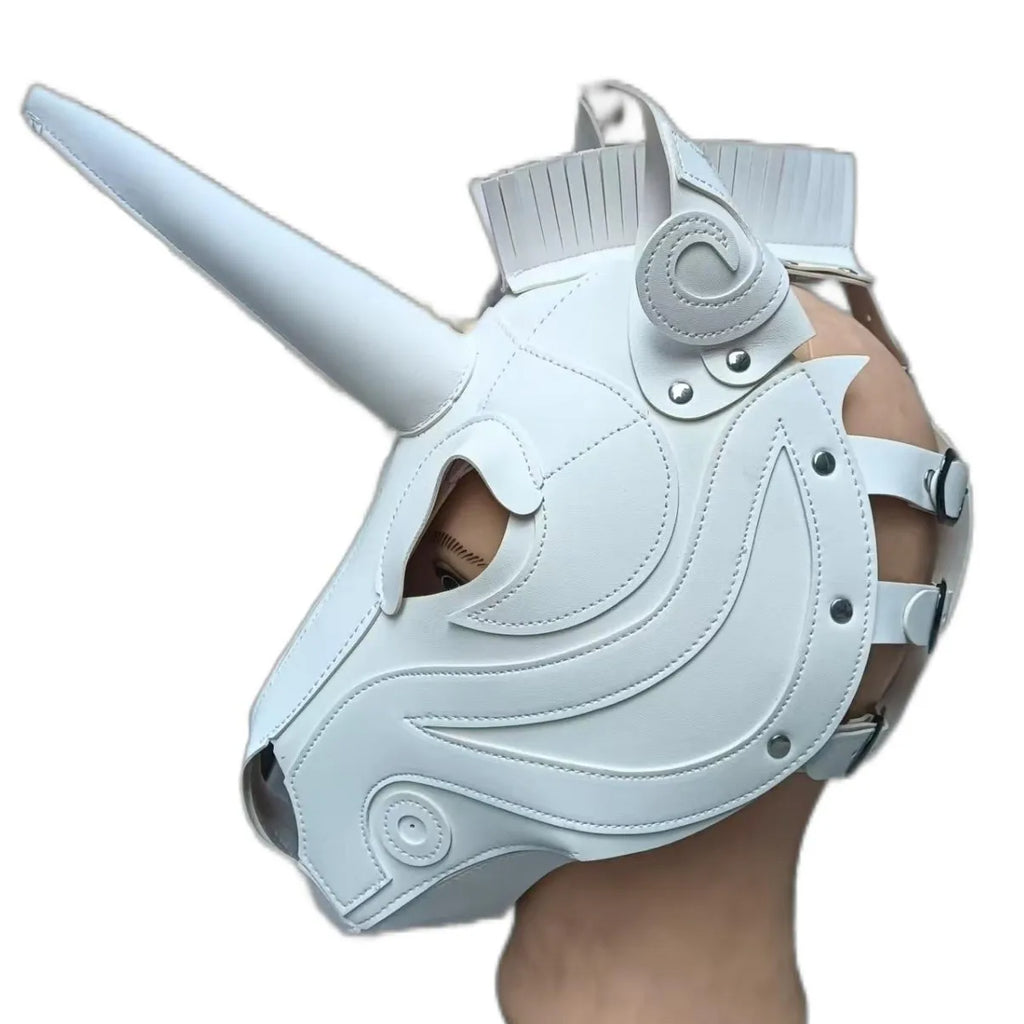 Unicorn Mask Full Face Hood Cosplay Steampunk Halloween Costume Props Party Dress-Up Adjustable Horse Head Animal Hood Handmade Qme White