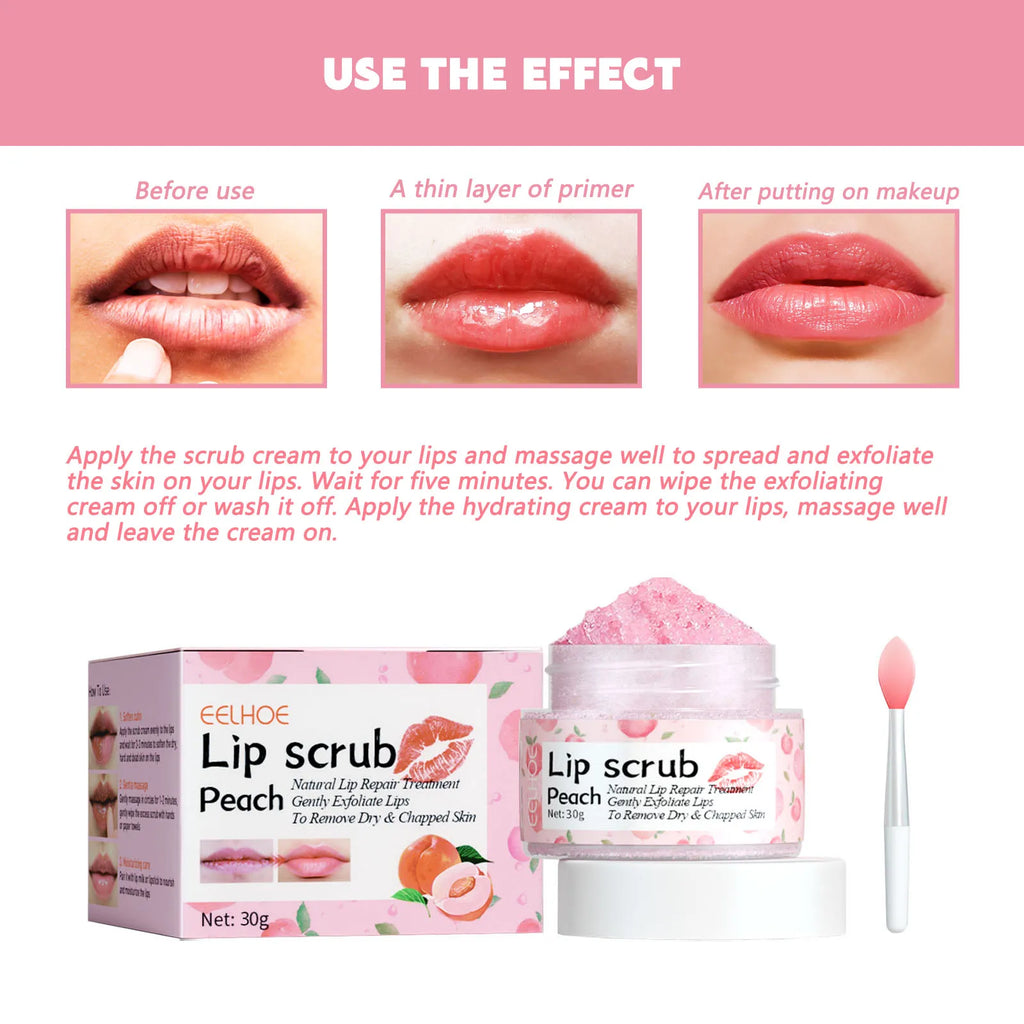 Peach Lip Scrub Moisturizing ＆ Moisturizing Lips Preventing Drying ＆ Cracking Diminishing ＆ Improving Dark Skin Around Lips 30g Qme