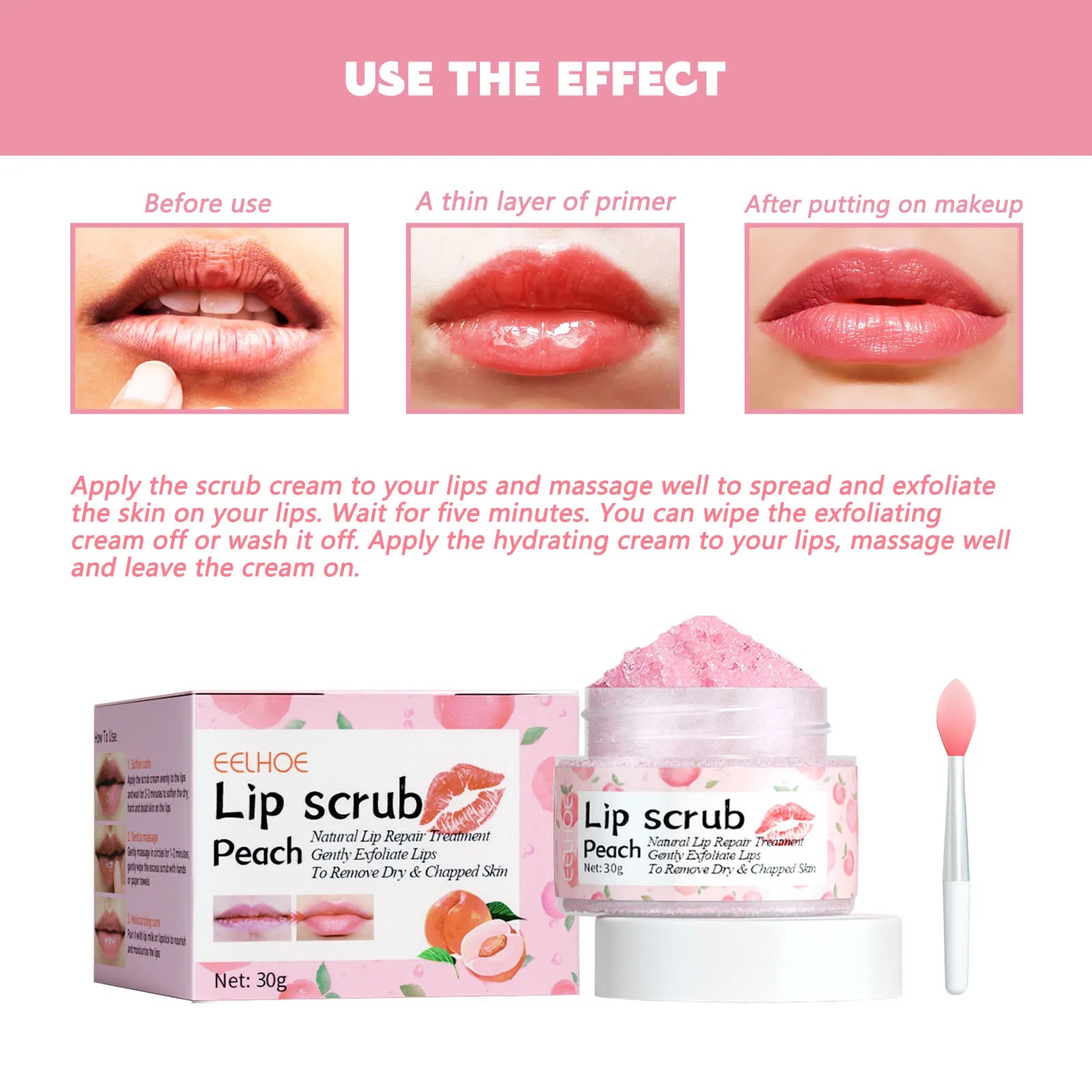 Peach Lip Scrub Moisturizing ＆ Moisturizing Lips Preventing Drying ＆ Cracking Diminishing ＆ Improving Dark Skin Around Lips 30g Qme