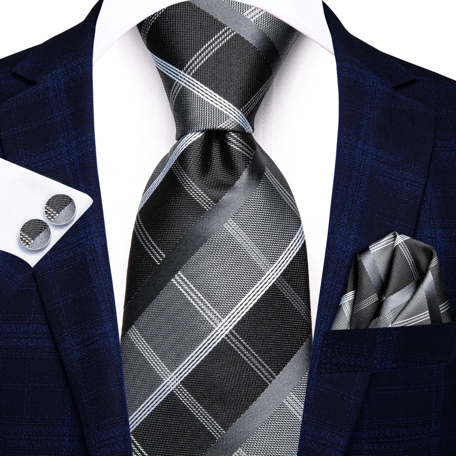 Hi-Tie Fashion 8.5cm Blue Plaid Dots Men's Elegant Tie Handkerchief Cufflinks Set Wedding Party Accessories Gift for Men Gravats Qme N-3449