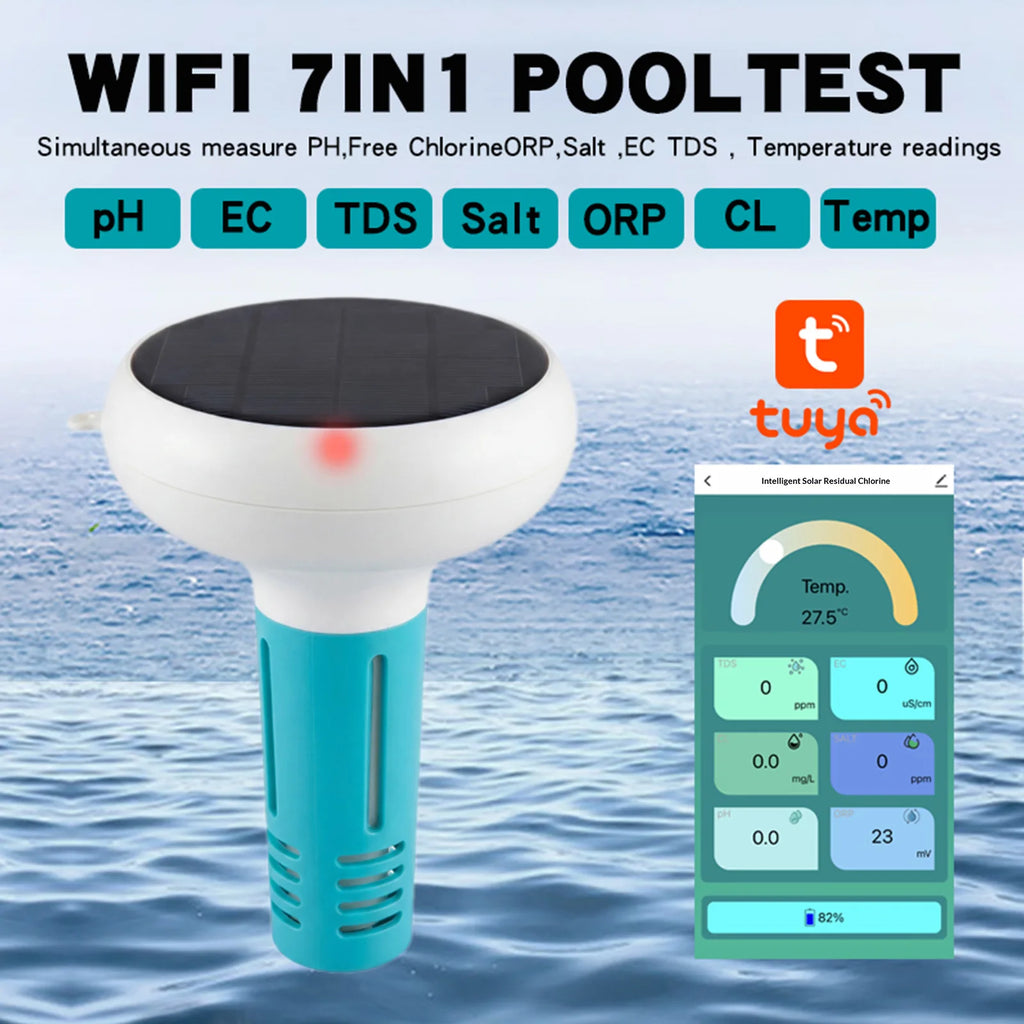 7-in-1 Digital Pool Water Tester Floating Wireless Water Quality Tester Temperature EC ORP for Pools Spas and Hydroponics Qme