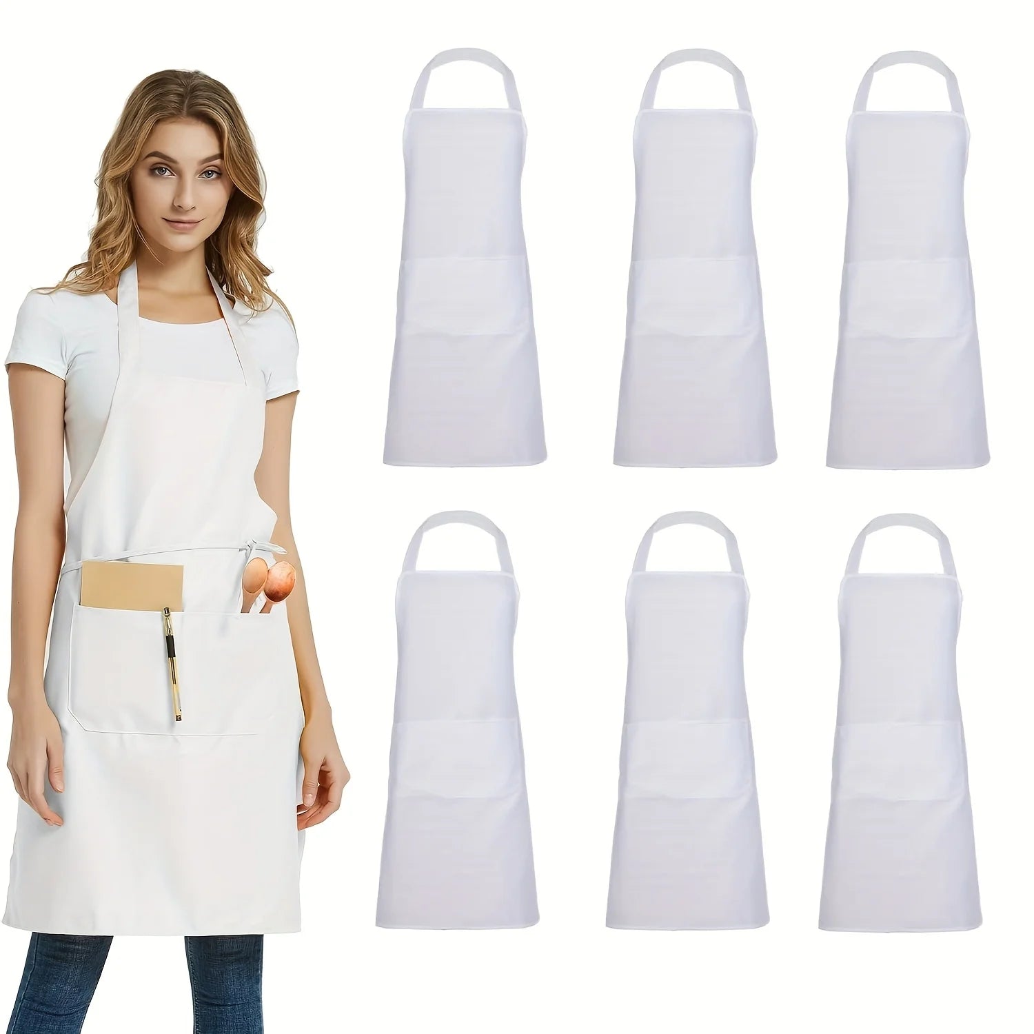 4pcs Adjustable Canvas Aprons with Pockets Comfort Fit for Cooking Chefs Waiters BBQs Hairdressers Easy Clean Qme White 6pcs OneSize