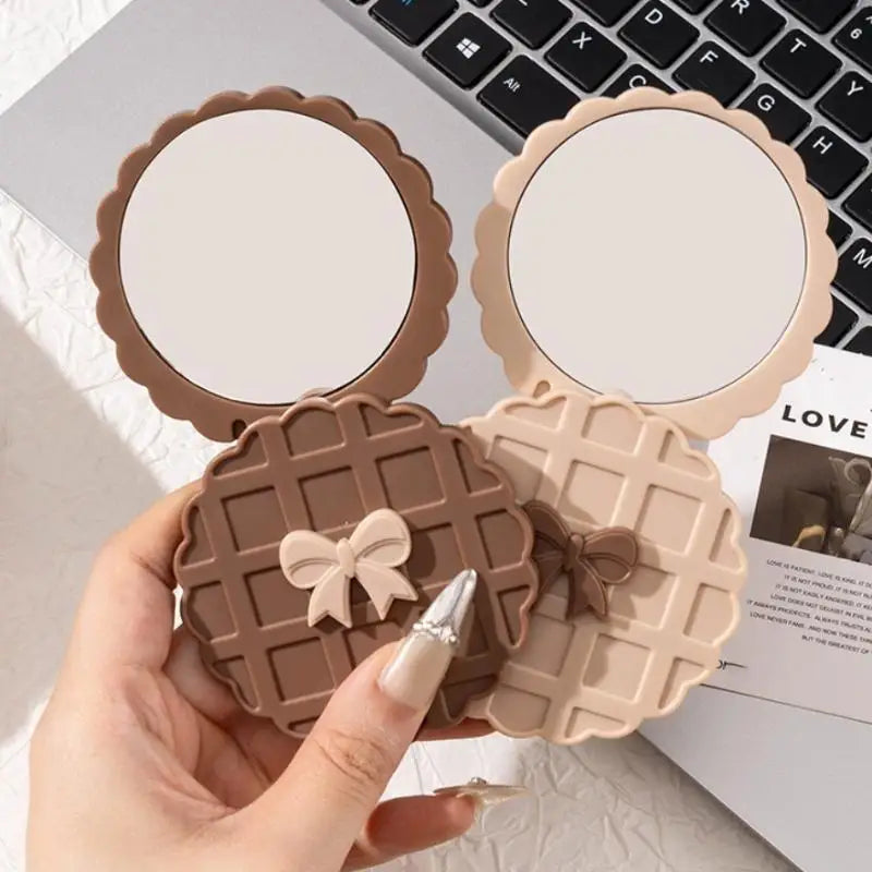 Compact Waffle-texture Double-sided Makeup Mirror Portable Pocket Qme