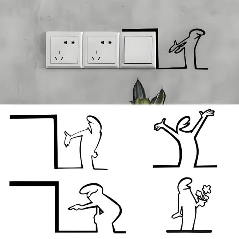 Cartoon Character Power Switch Decal Line Drawing Design Wall Decor Qme