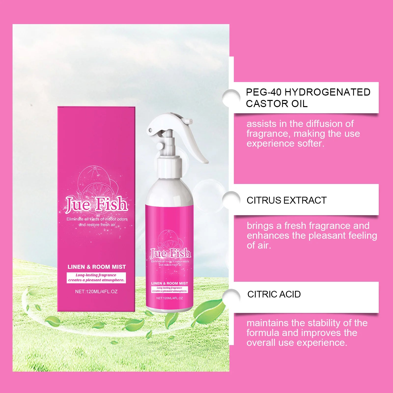 Jue Fish 120ML Indoor Spray Home Hotel Natural, Fresh, Persistent, Odorous, Clean, Deodorant and Fragrant Qme