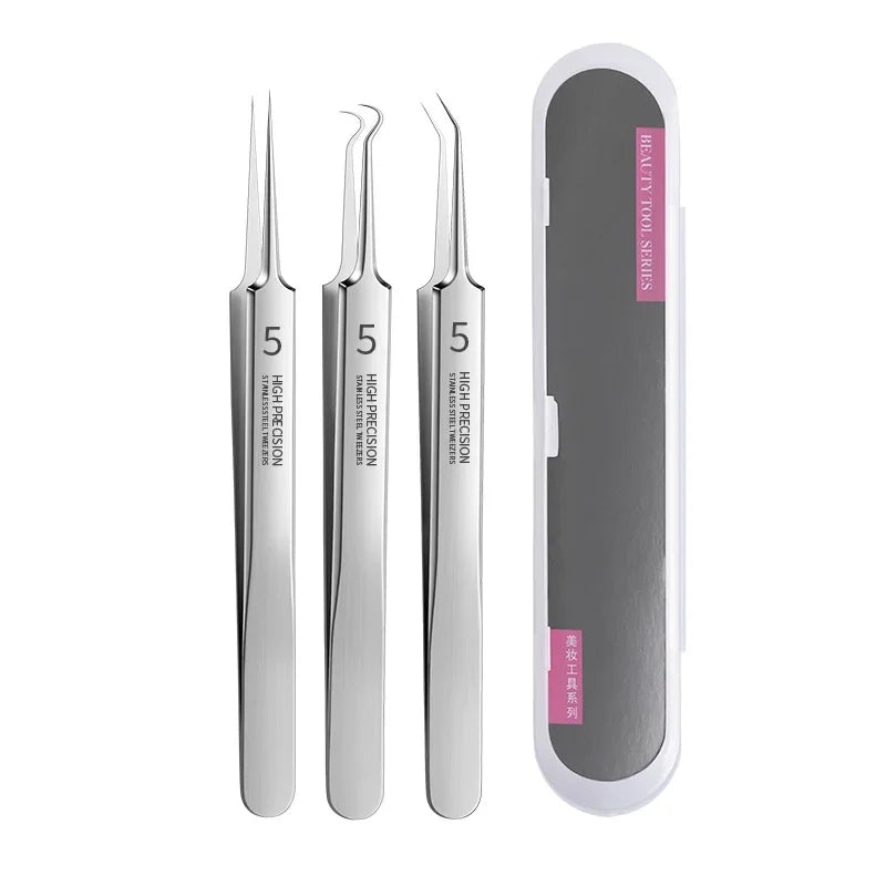 Ultra-fine Acne Pimples Blackhead Clip Tweezers Beauty Face Skin Care Cleaning Blackhead Remover Kit Acne Needle Hook Tool Qme 3PCS with box