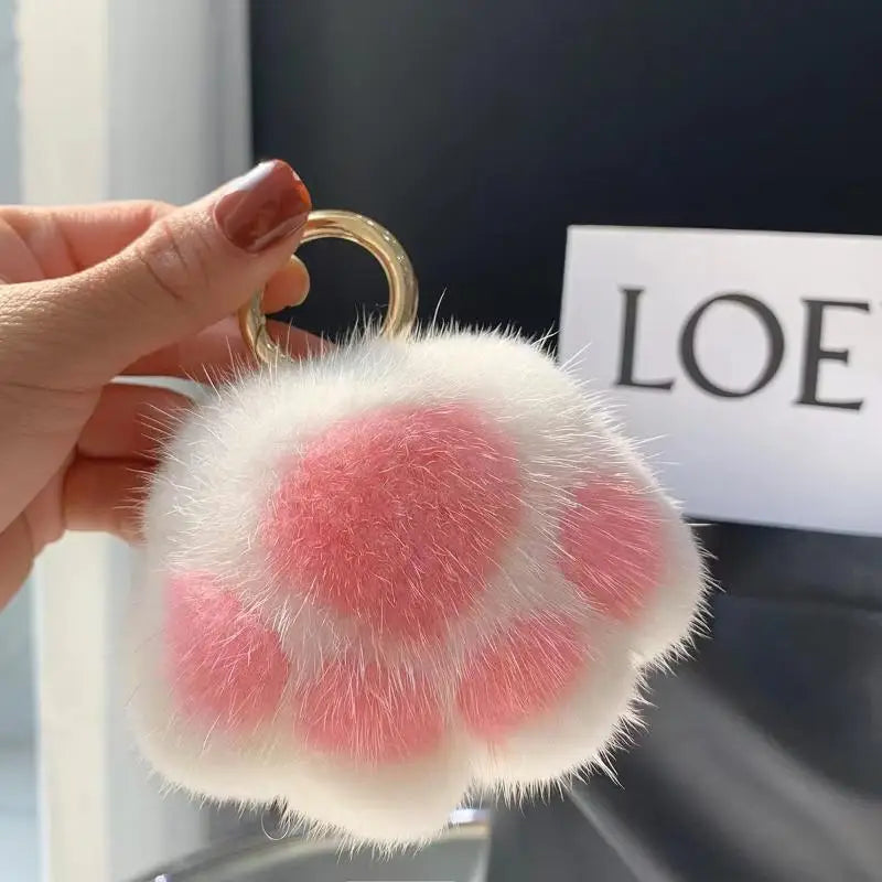 Cat Paw Pendant Keychain Fluffy Kawaii Faux Fur Keychain Cute Stuffed Toy Plush Toy Key Ring Backpack Car Key Pendant Qme white pink 5CM