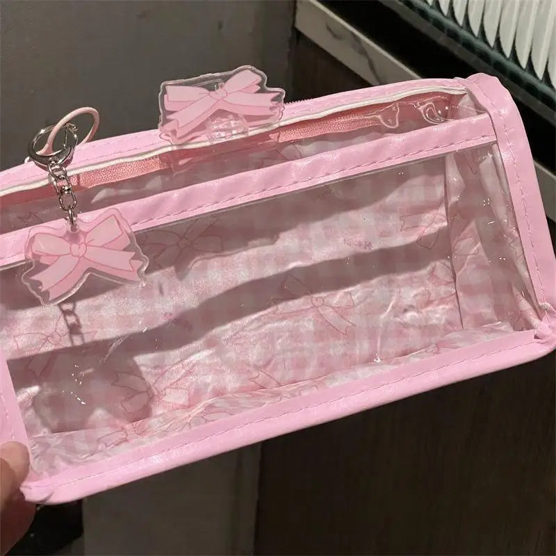 Sweet Bow Zipper Transparent Pencil Case Box Large Capacity Makeup Qme