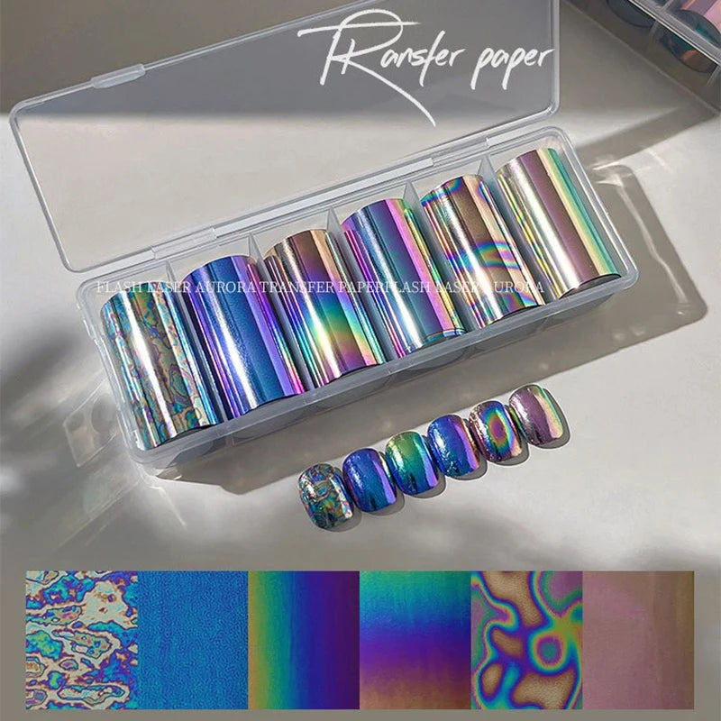 6 Rolls Holographic Aurora Nail Transfer Paper, Laser Iridescent Water Decals, Galaxy Cave Stickers for Nail Art DIY Manicure Qme