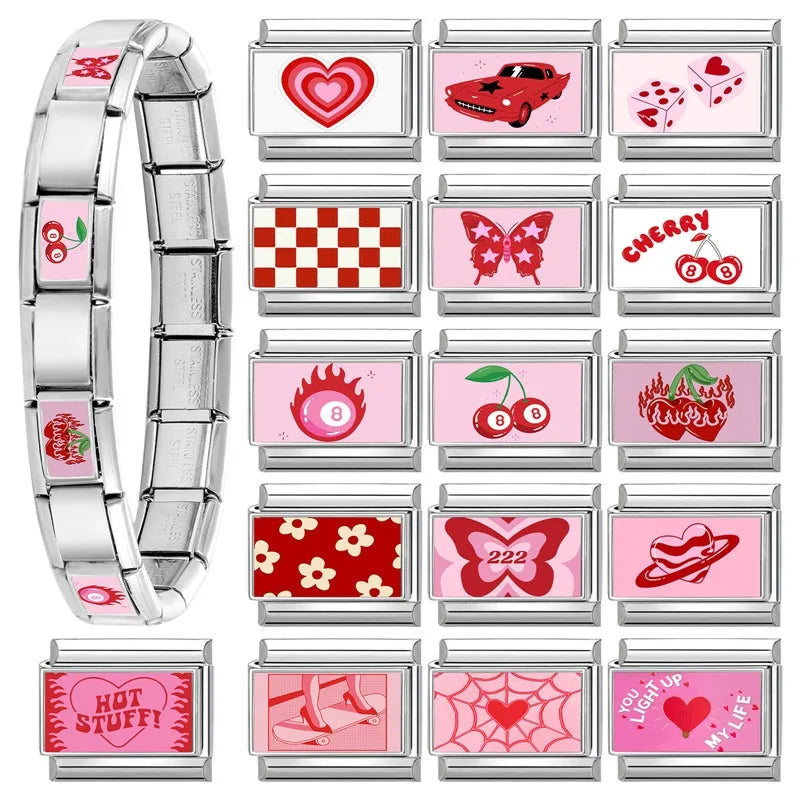 2025 New Cute Rabbit Cats Heart Flowers Italian Charm Link fit 9mm Stainless Steel Jewelry DIY Making Bracelets Gifts Wholesale Qme