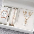 Women Rose Gold Pearl Jewelry Watch Set White Leather Quartz Wrist Watch Necklace Earrings Bracelet Ladies Elegant Gift Qme Bronze