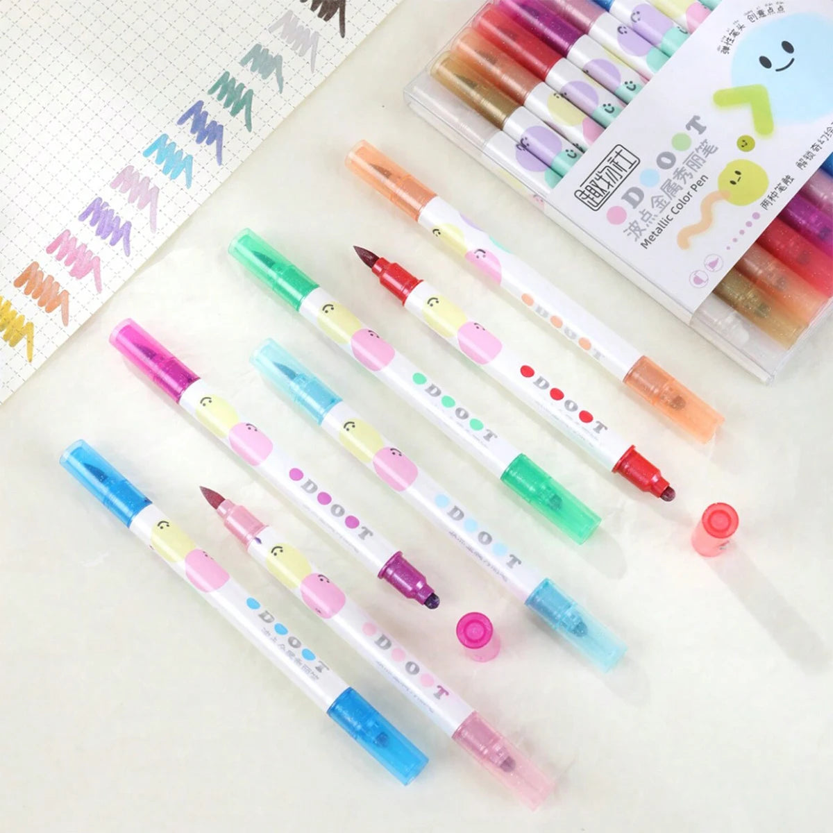12 Colors Kawaii Double Tips Wave Dot Metallic Marker Highlighter Pens DIY Scrapbook Painting Stationery School Office Supplies Qme
