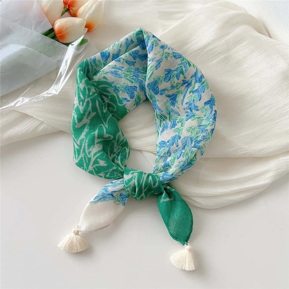 Neck Wrap Cotton-linen Square Scarf Fringed Breathable Hair Bandana Qme Style 7