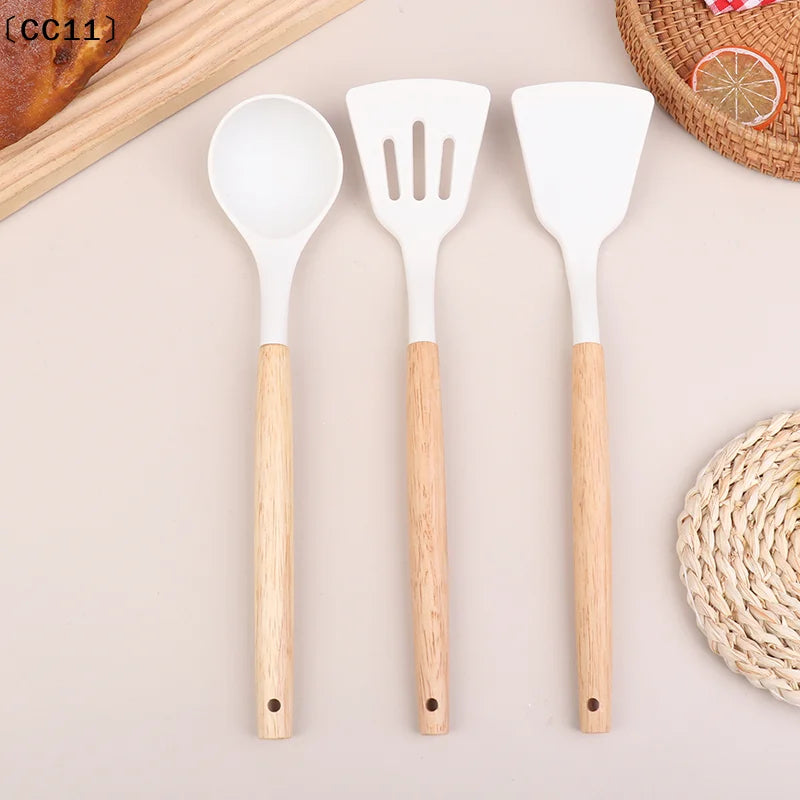 Wooden Handle Silica Gel Spatula Temperature Pot Frying Soup Ladle Qme