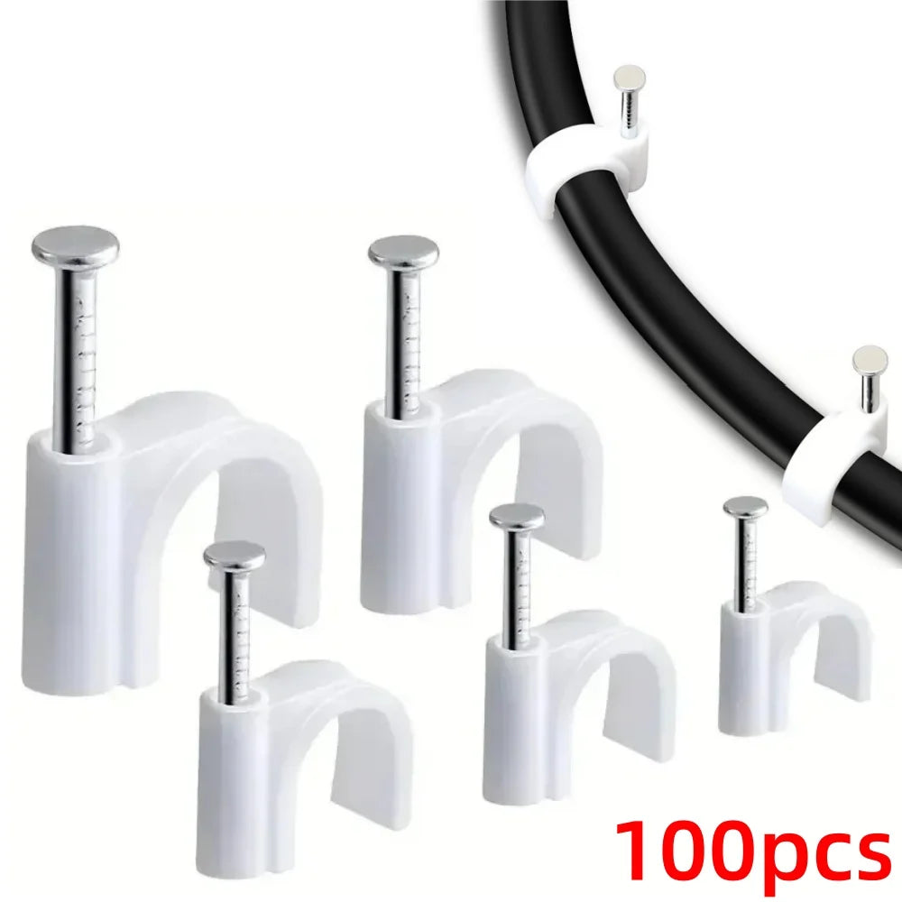 100PCS Steel Nail Cable Clamp Circular Cable Fixing Clip 4/5/6/7/8/9/10/12mm Management Power Cord Wall Mounted Cable Cord Clip Qme