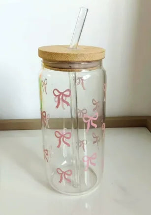 500ml Cute Bow Glass Cup Bow Bear Pattern Water Bottle Coffee Cups With Lids Straw Brush Valentine's Day Party Gift Qme