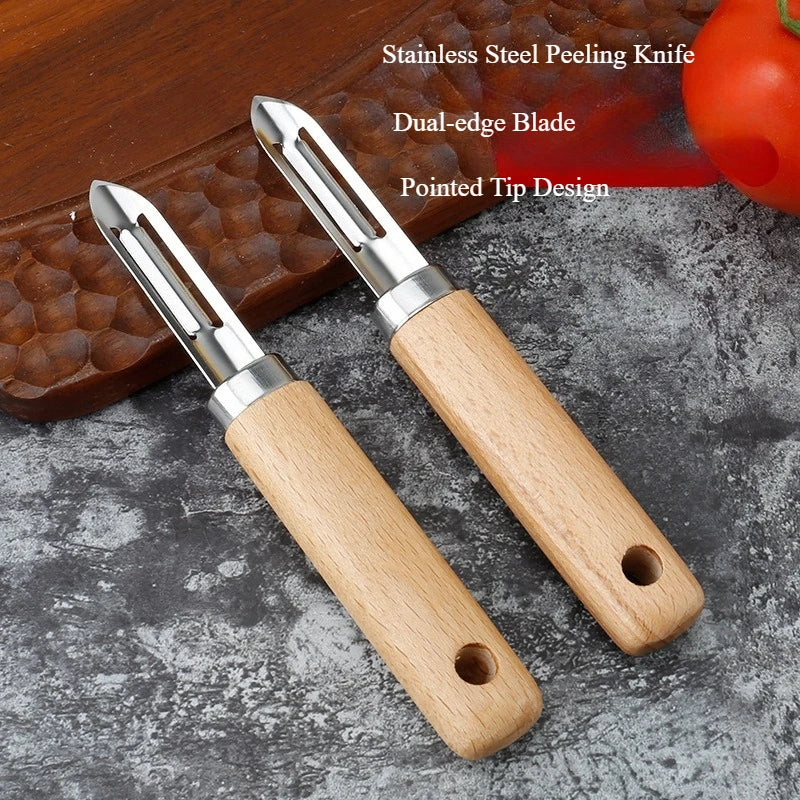 2-Piece Wooden Handle Stainless Steel Peeler,Straight & D-shaped Fruit Vegetable Melon Planer,Wooden Grip Peeling Kitchen Tool Qme