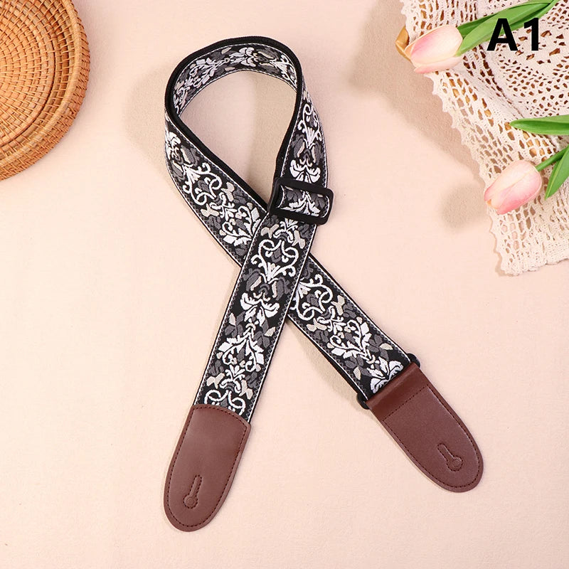 Guitar Strap Bass Cotton Leather Embroidery Straps Adjustable Neck Qme A1