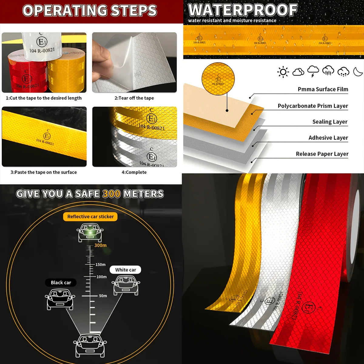 Waterproof Reflective Tape 104R Conspicuous Safety Warning Sheet for Construction Sites Qme