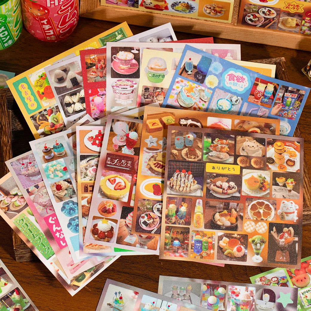 20/40pcs Die-Cut Sticker Book - Japanese Food & Dessert Vintage Showa Style，Glitter Matte Finish，School Stationery supplies Qme