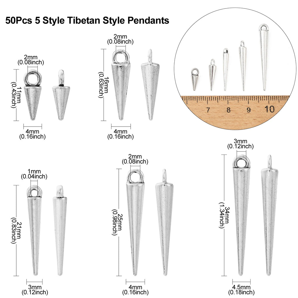 Pandahall 50Pcs 5 Sizes Antique Silver Cone Charms Tibetan Styles Bullet Drop Dangle Earring Charms for DIY Jewelry Making Qme