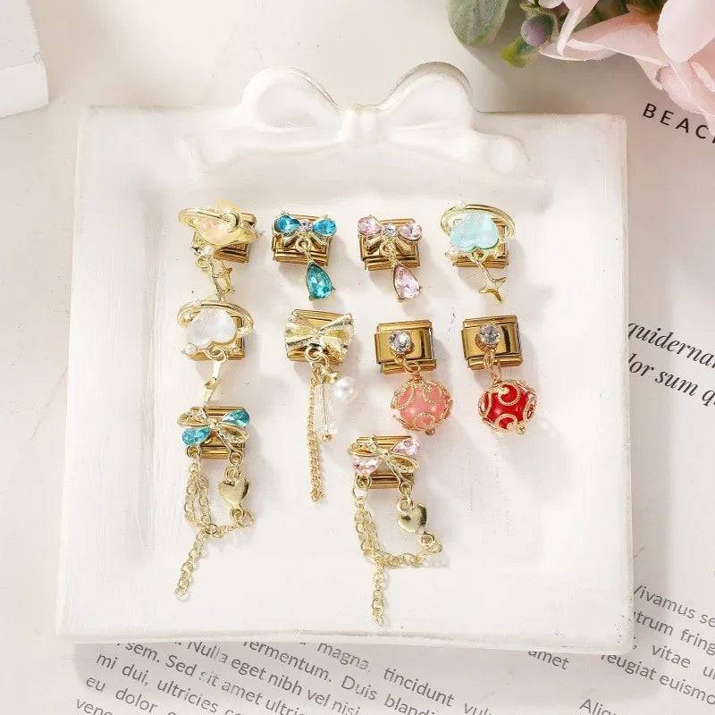 Brilliant Inlay Enamel Ball Pendant Heart Star Bow Italian Charm Links Fit 9mm Stainless Steel Bracelet Women Jewelry DIY Making Qme