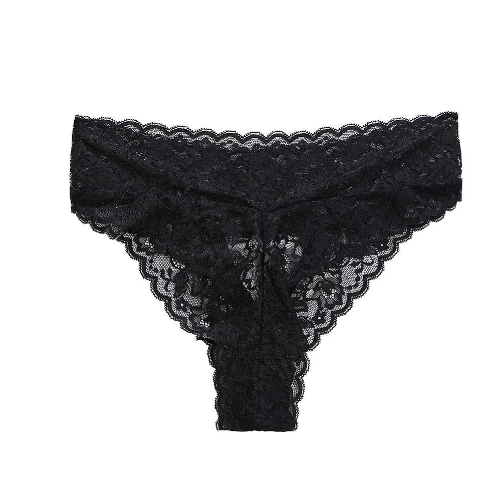 Soft Mid Waist Lace Panties Flower Transparent Underwear Women Qme Black L 1pc