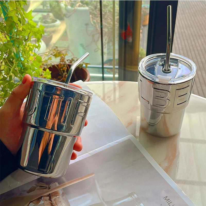 Lid-equipped Glass Mirrored Straw Coffee Cup Qme
