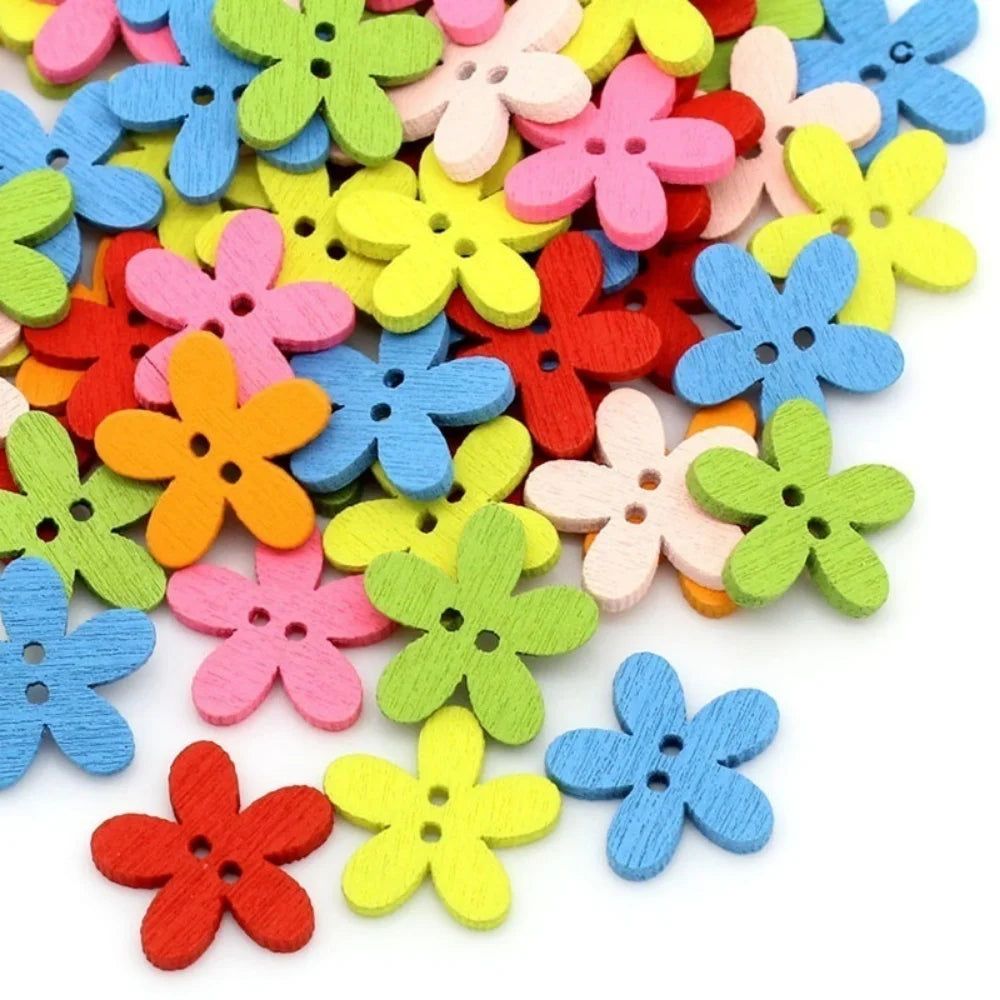 100 Pcs 2-hole Mixed Flower Wooden Decorative Buttons Suitable for Sewing Clip Arts and Crafts Multicolor 14x15mm Qme