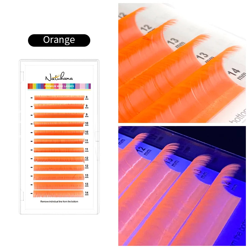 NATUHANA UV Glow Eyelash Extensions Fluorescent Neon Lashes Qme UV Orange LU 0.07mm|8-14 Mixed