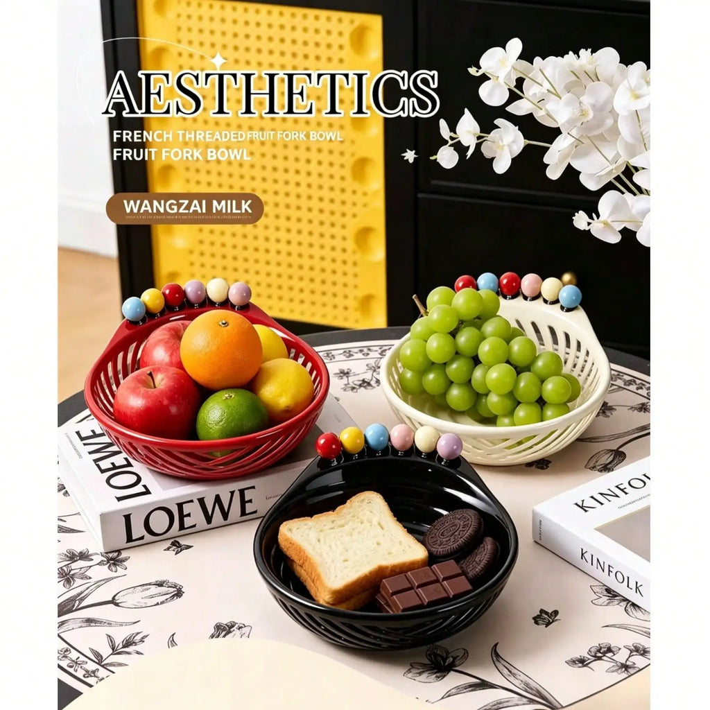 Large Fruit Bowl 6 Forks Creative Platter Adorable Stainless Steel Qme