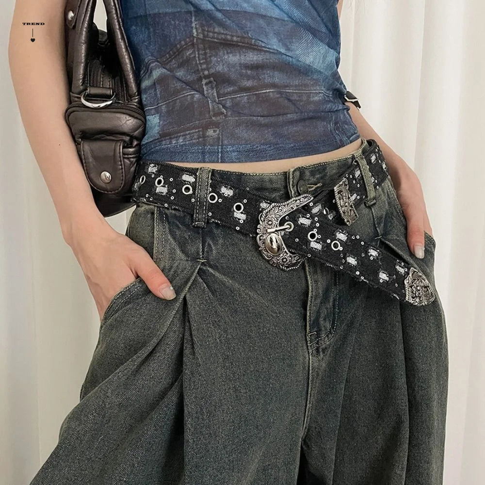 Casual Korean Sequin Belt Harajuku Y2k Metal Buckle Aesthetic Ripped Qme