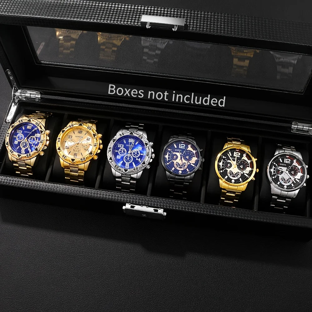 6pcs men's Geneva quartz watch set - elegant round dial, stainless steel strap, zinc alloy case, quartz watch Qme 6pcs