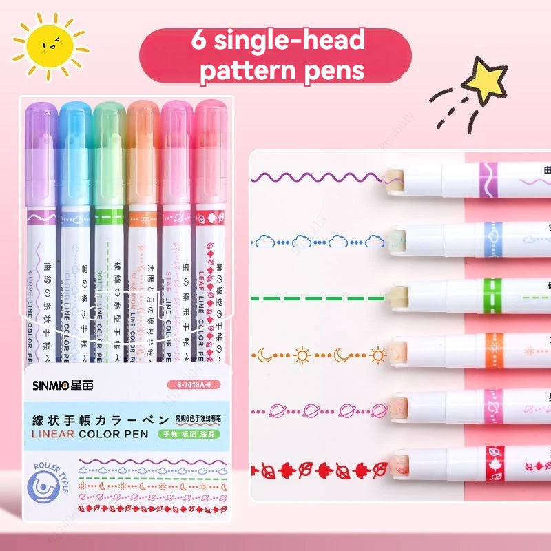 6-24pcs/set Flower Line Shape Highlighter Pen Roller Tip Curve Liner Marker Kawaii Stationery School Office Supplies Qme blue