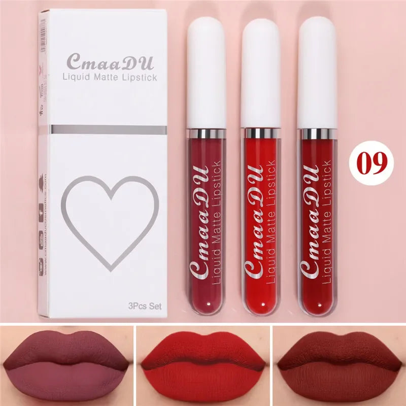 6 Colors/Set Fashion Matte Lip Gloss Sets Natural Moisturize Waterproof Lasting Velvet Sexy Red Liquid Lipstick Beauty Cosmetic Qme 09-3Pcs