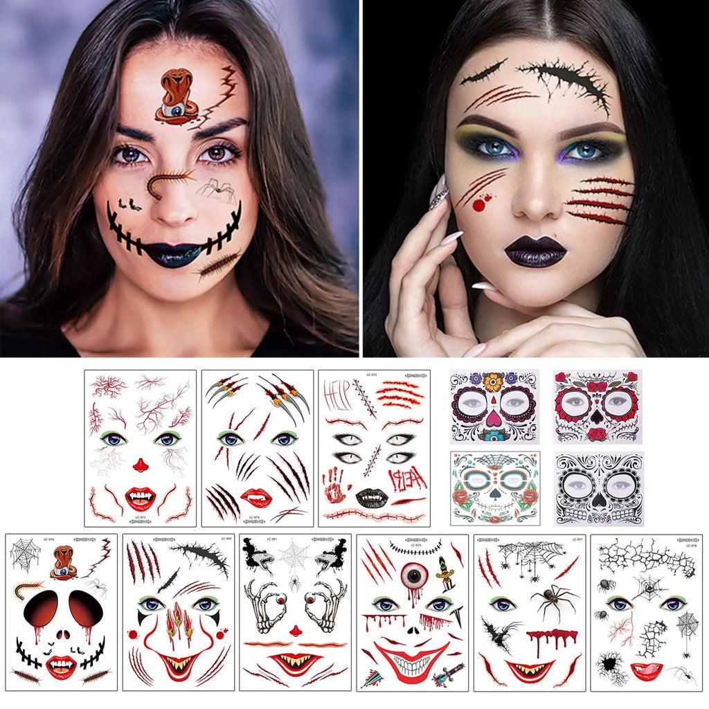 Day Of The Dead Face Tattoos, 13 Sheets Sugar Skull Temporary Face Tattoos Stickers For Halloween Party Facial Makeup Stickers Qme