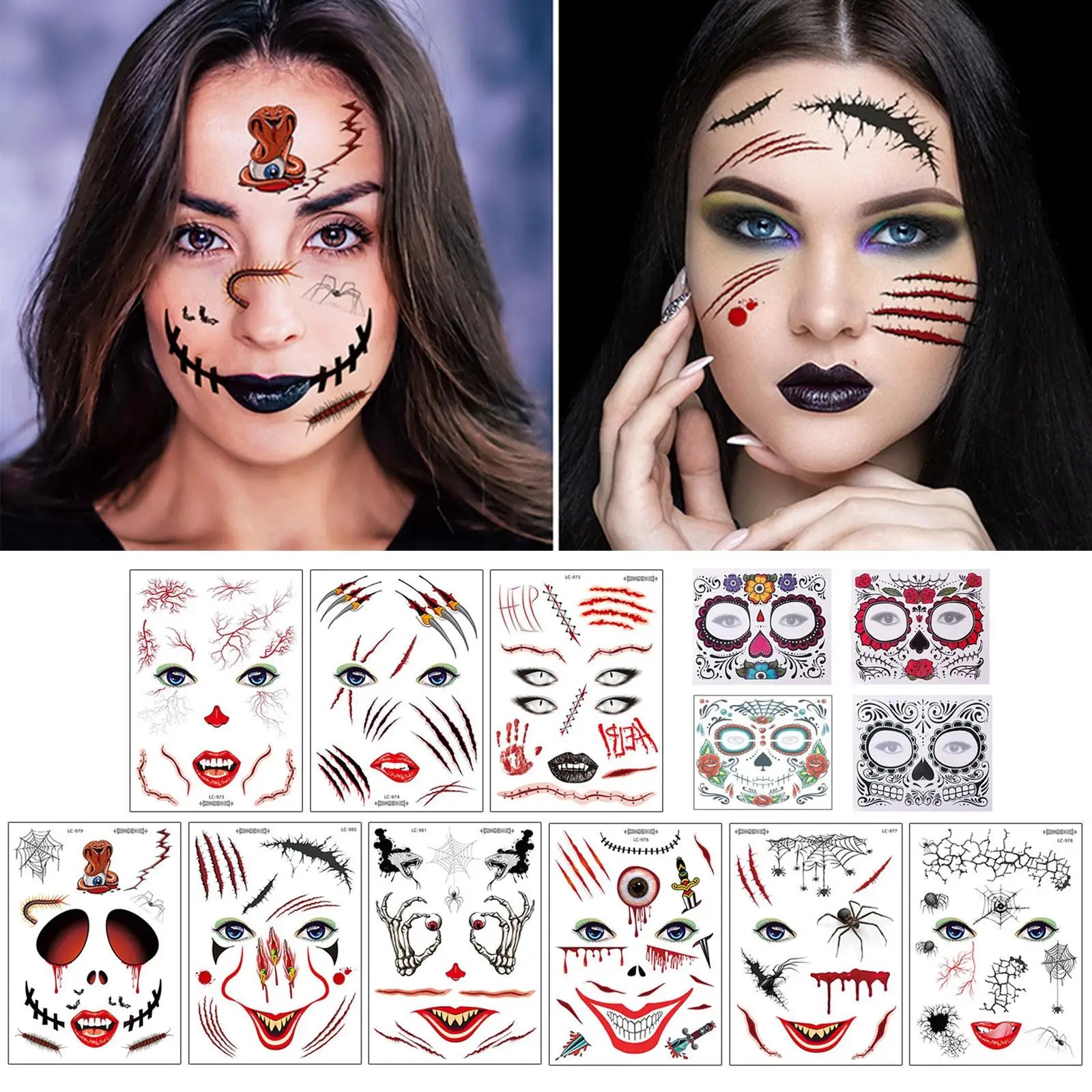 Day Of The Dead Face Tattoos, 13 Sheets Sugar Skull Temporary Face Tattoos Stickers For Halloween Party Facial Makeup Stickers Qme