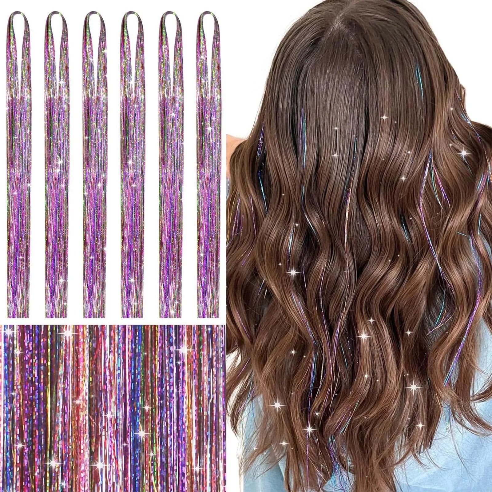 Sparkle Hair Tinsel Synthetic Rainbow Colored Strands Girls Headwear False Hair Extensions Decor Glitter Stage Performace Props Qme H