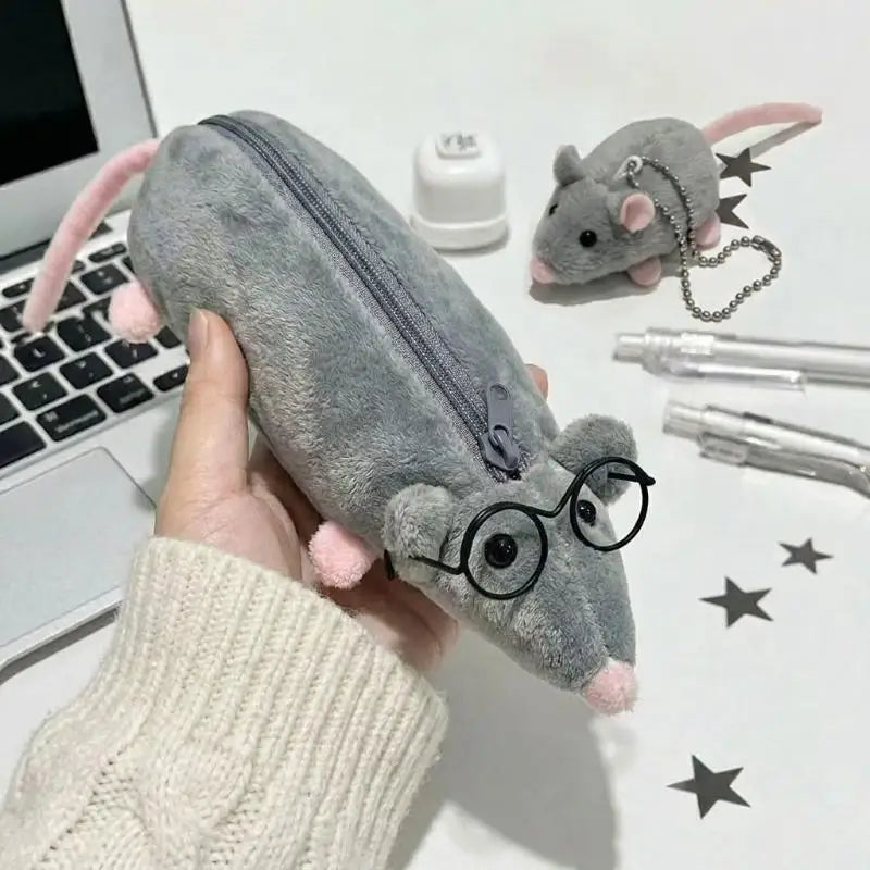 1PcsCute Flower Branch Rat Plush Pencil Case Makeup Bag Large Qme