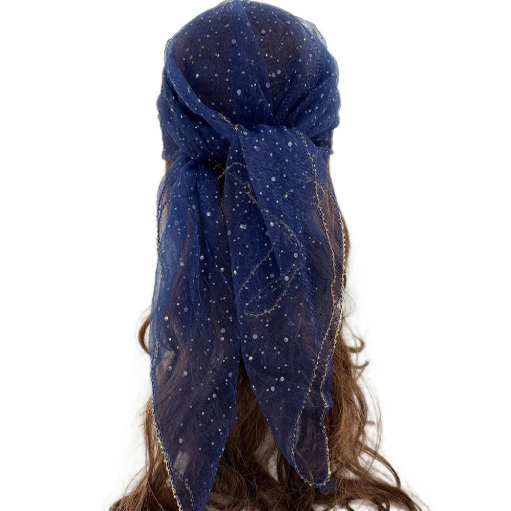 Sparkle Hotfix Rhinestone Square Scarf Sequin Thin Mesh Bandana Qme Dark Blue