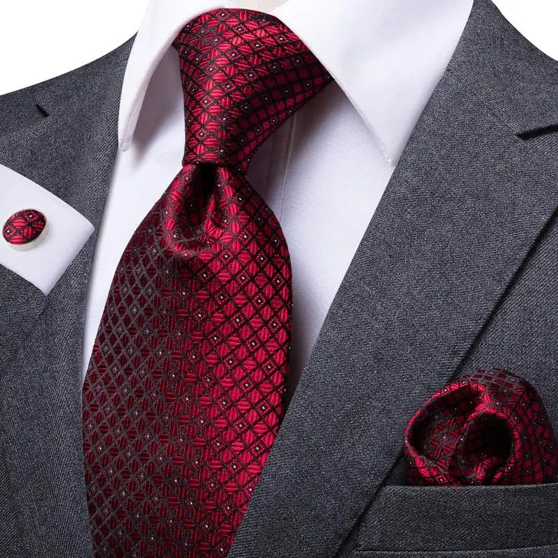 Hi-tie Designer Red Burgundy Plaid Wedding Tie Men Handky Cufflink Qme 0704