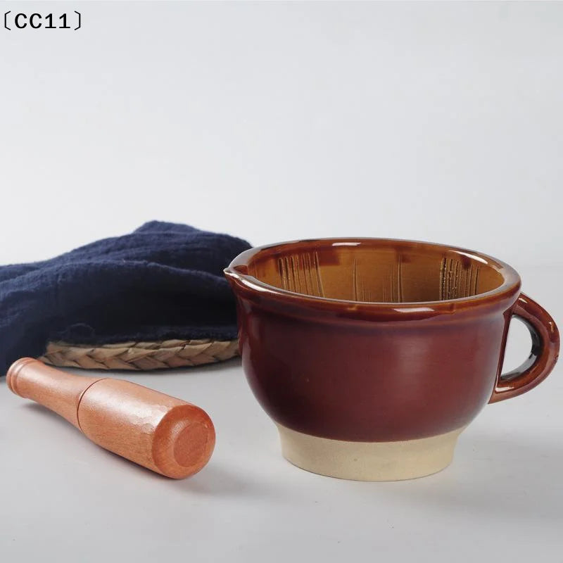 Ceramic Mortar Pestle Natural Wood Non Slip Base Perfect Kitchen Qme