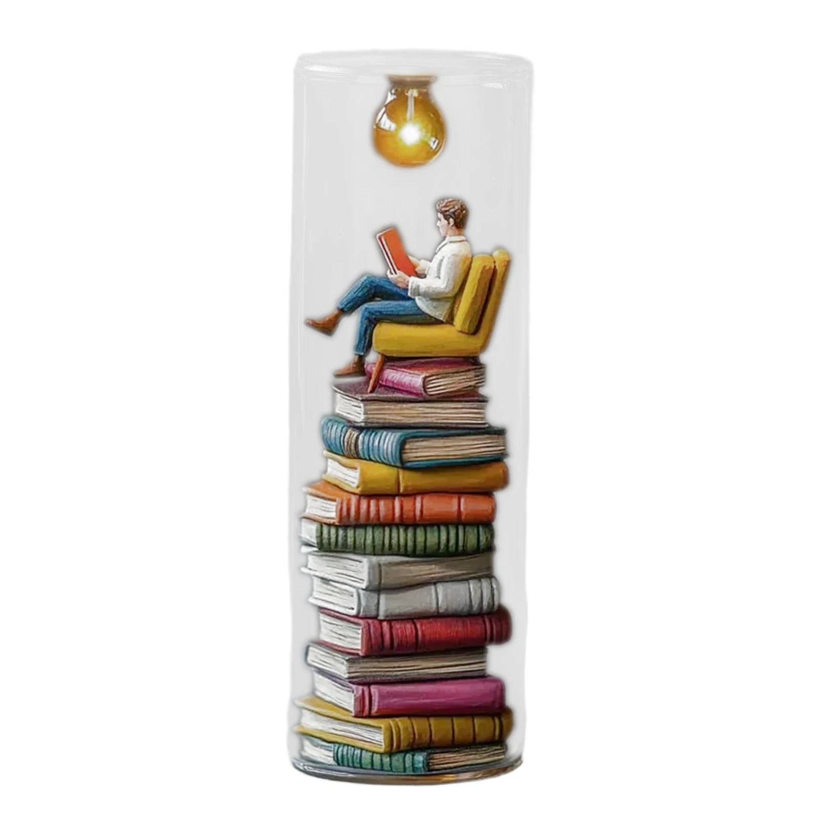 Mini Reading Figurine Lamp with Transparent Cover Tiny Bookshelf Library Statue Light for Desk Ornament Birthday Valentine Gift Qme D One Size