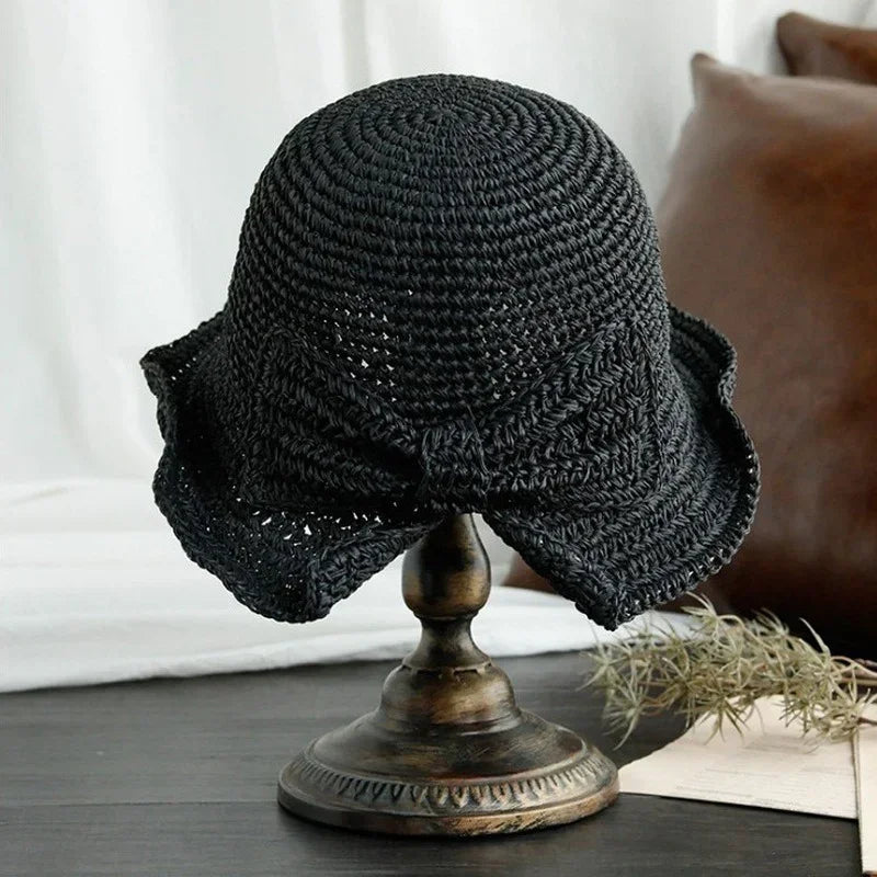 Summer Wide Brim Straw Hat Foldable Fisherman Sun Protection Girls Qme Black